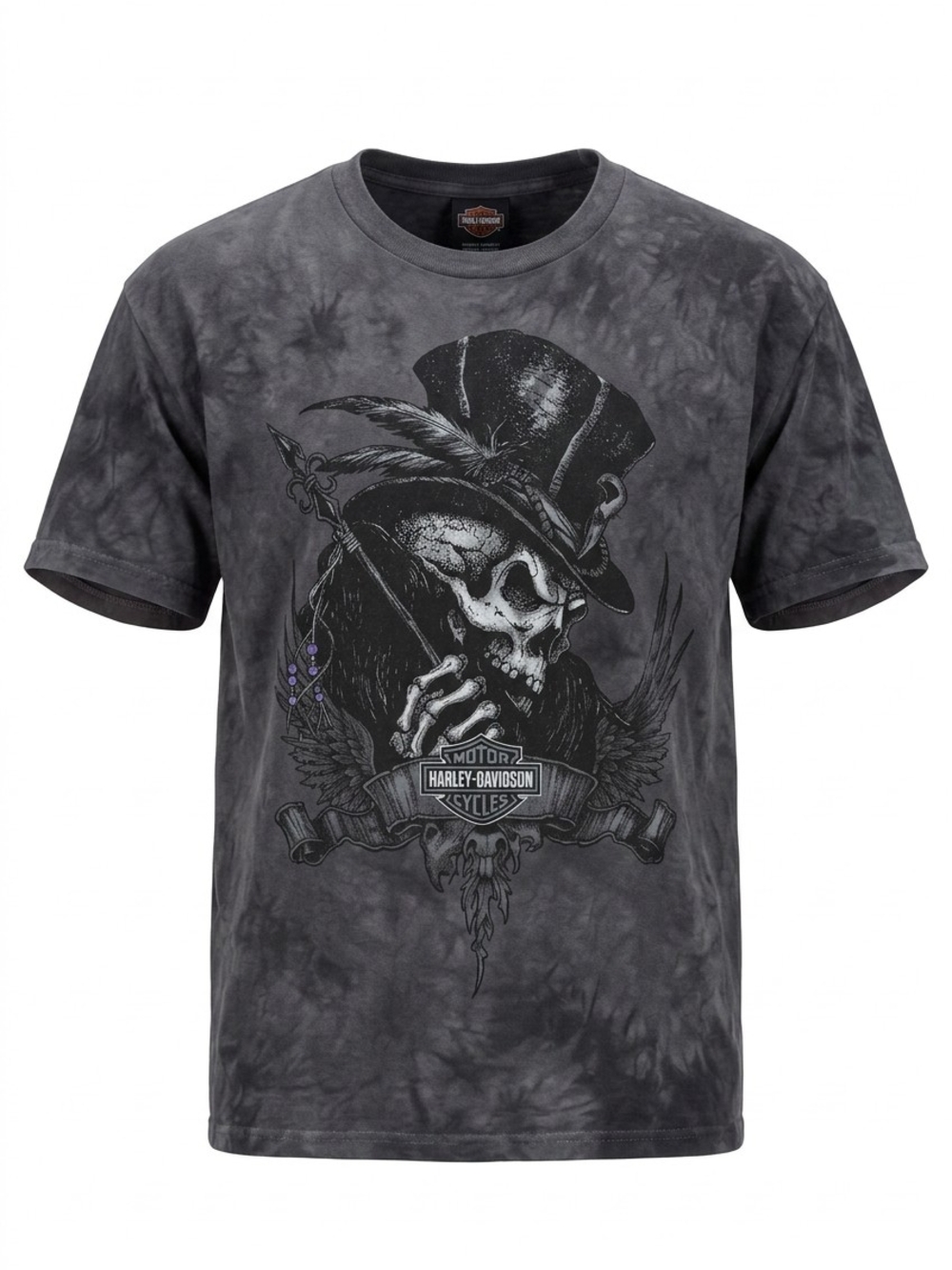 Harley-Davidson Voodoo Harley Black Gray Tie-Dye Skull Graphic Tee